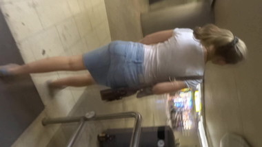 Candid teen Blonde - firm ass in tight jeans skirt