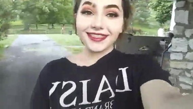 teen flashes boobs outside