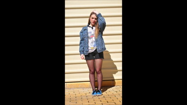 Teen and babe in black pantyhose and tennis shoes