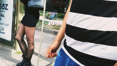 Teen Black Pantyhose and Mini Skirt Bus Stop