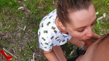 Horny Teen Sucking Dick Stranger and Oral Creampie Outside