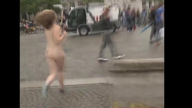 German blonde runs naked in the city