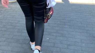 Sexy Teen Walking in Leather Pants