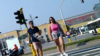 Big euro titties crossing the street in pink teen